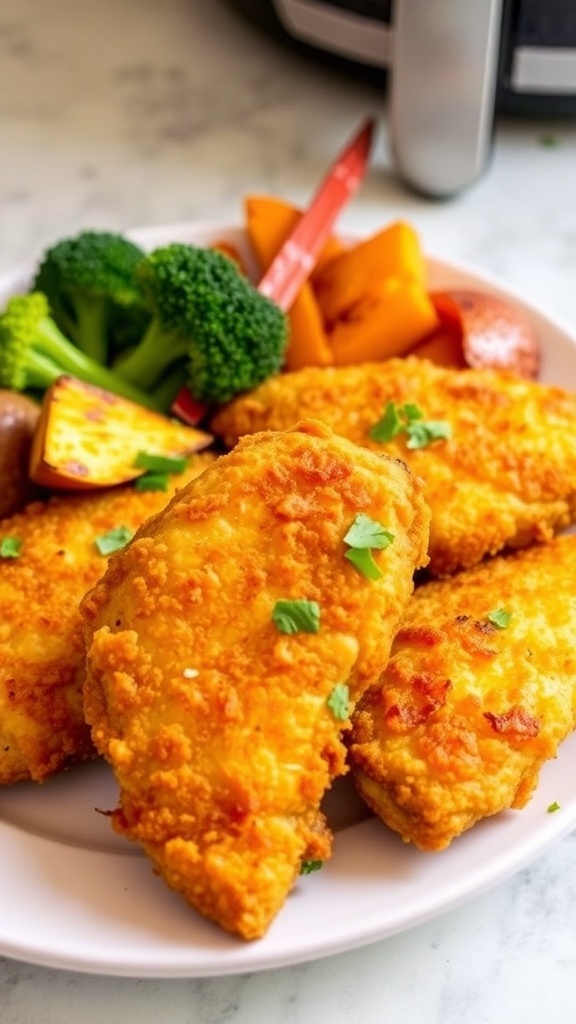 Crispy air-fried chicken tenders with roasted vegetables on a plate, garnished with herbs.